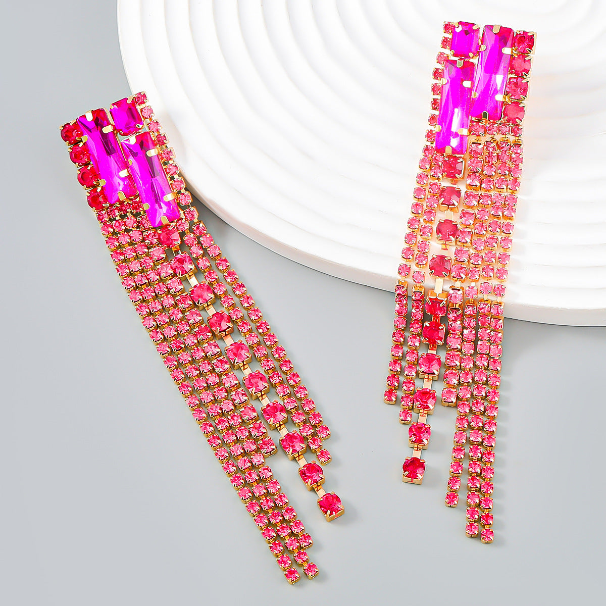 Women's Square Alloy Diamond Rhinestone Long Fringe Earrings