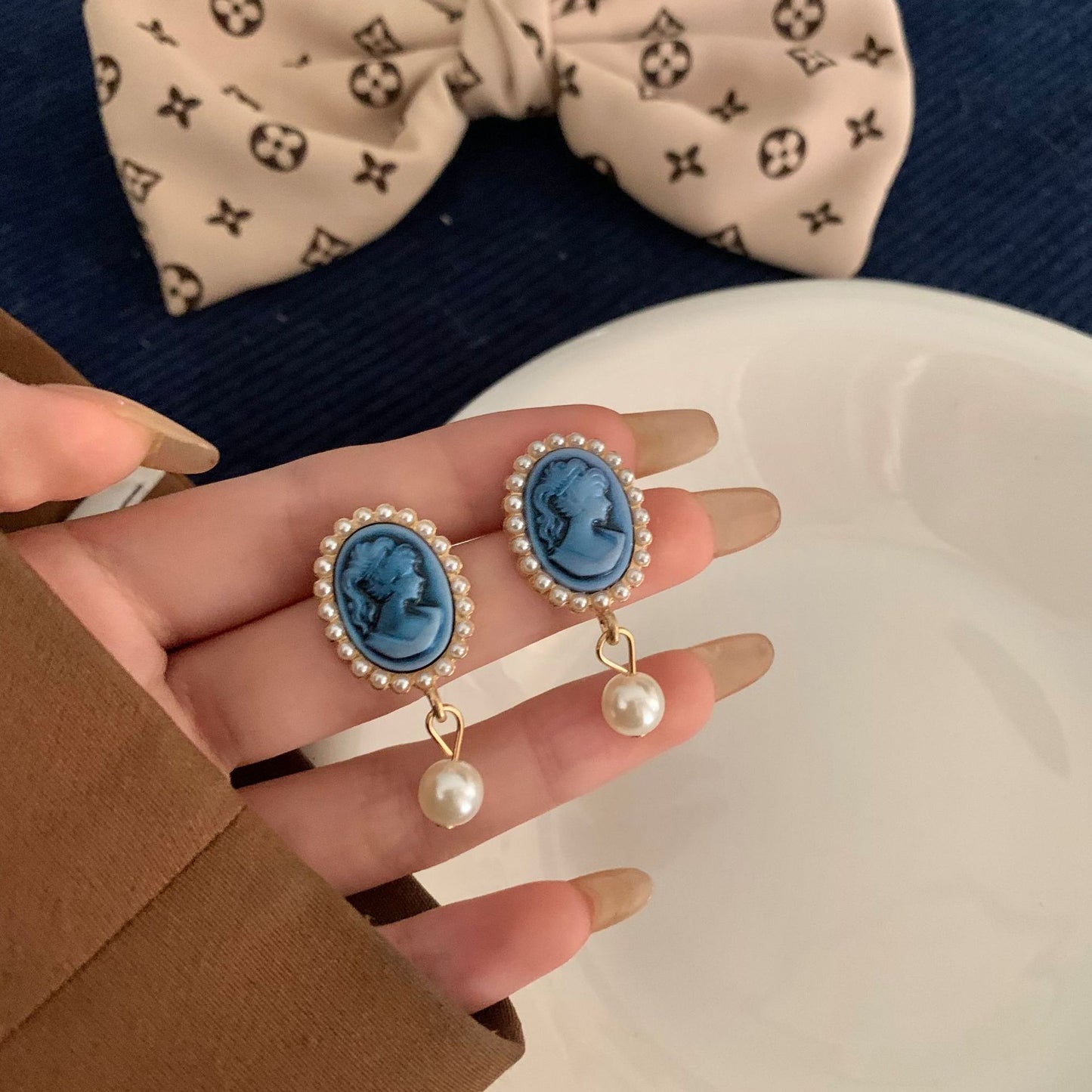 Vintage Blue Portrait Pearl Baroque Court Earrings