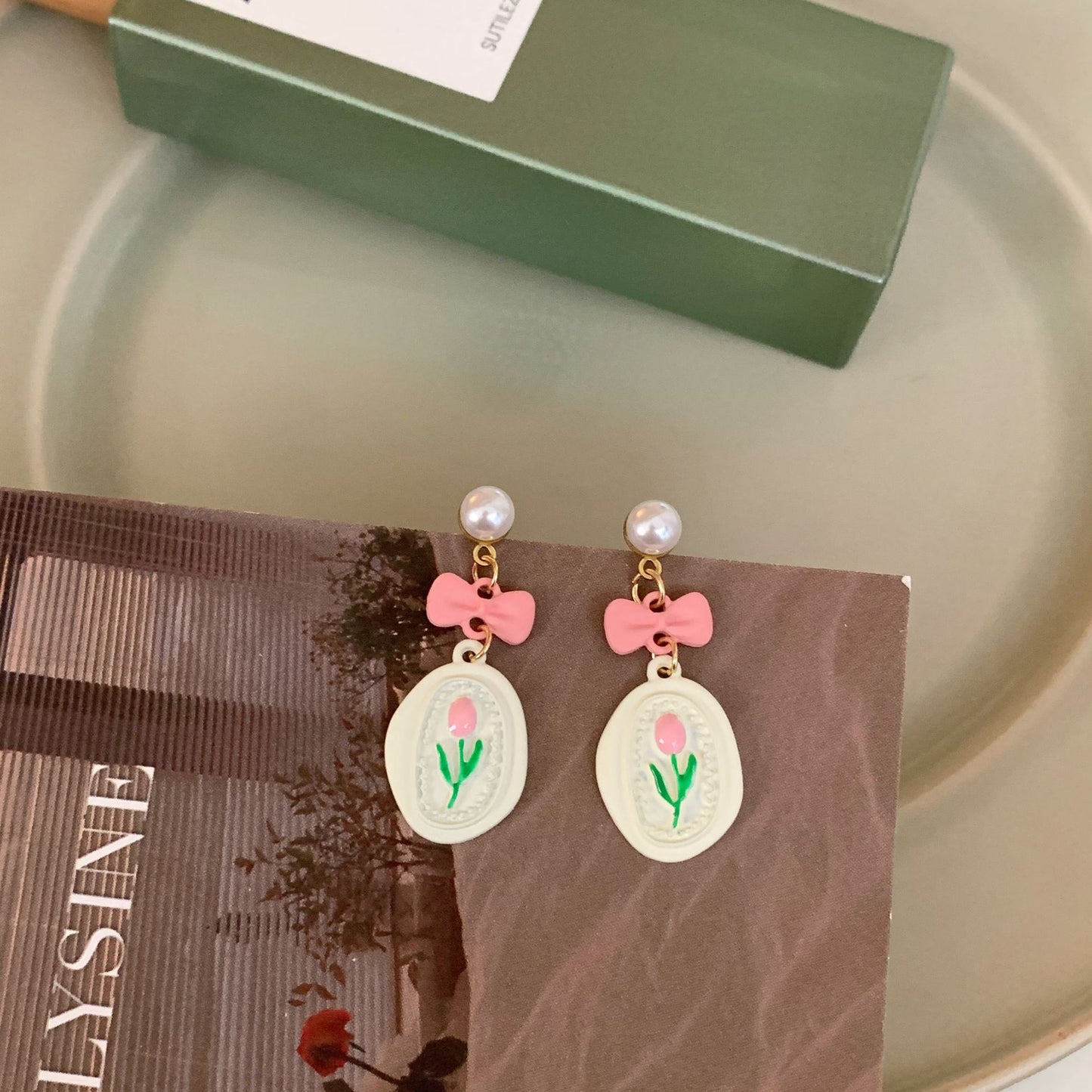 Sier Needle Tiny Bow Pink Love Heart Earrings