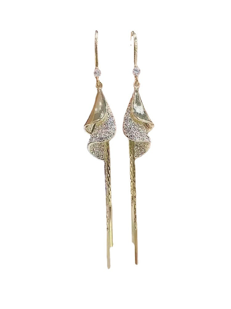 Women's Unique Design High-grade Full Diamond Spiral Trendy Long Tassel Temperament Earrings