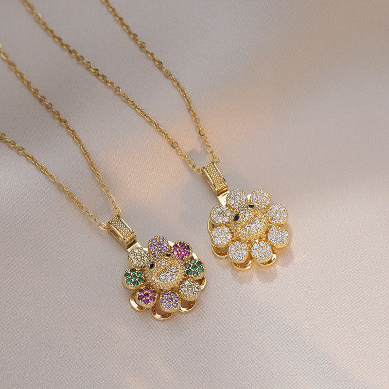Female Sunflower Color Diamond Rotatable Petals Necklaces
