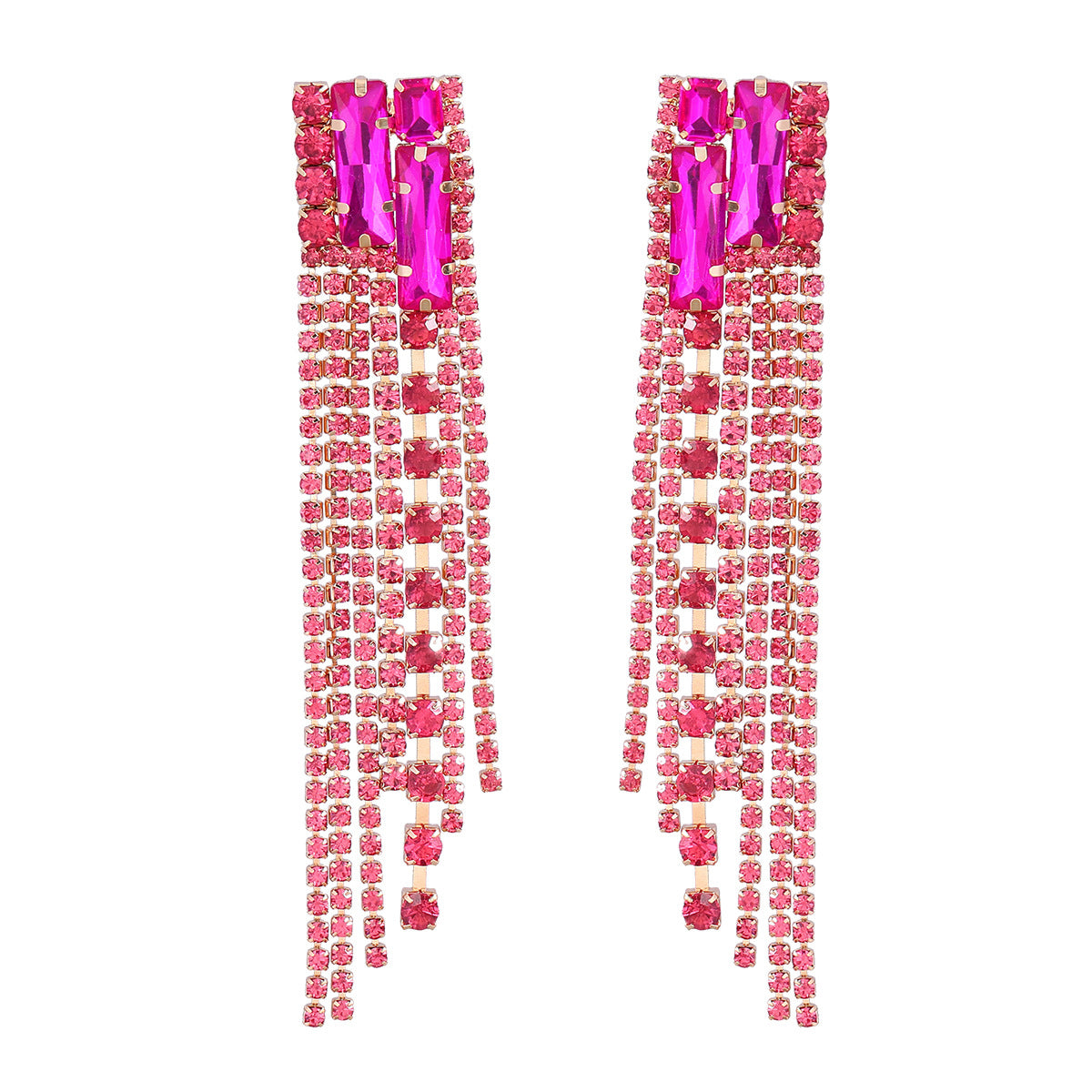 Women's Square Alloy Diamond Rhinestone Long Fringe Earrings