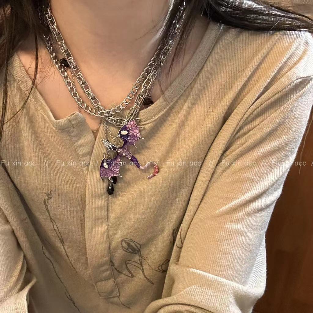 Purple Charming Flying Dragon Zircon Tassel Female Niche Advanced Necklaces
