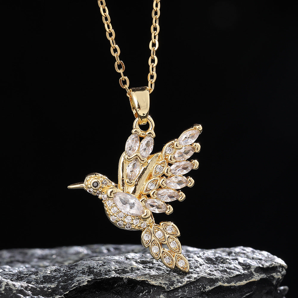 Pearl Hummingbird Pendant Female Flying Bird Titanium Necklaces