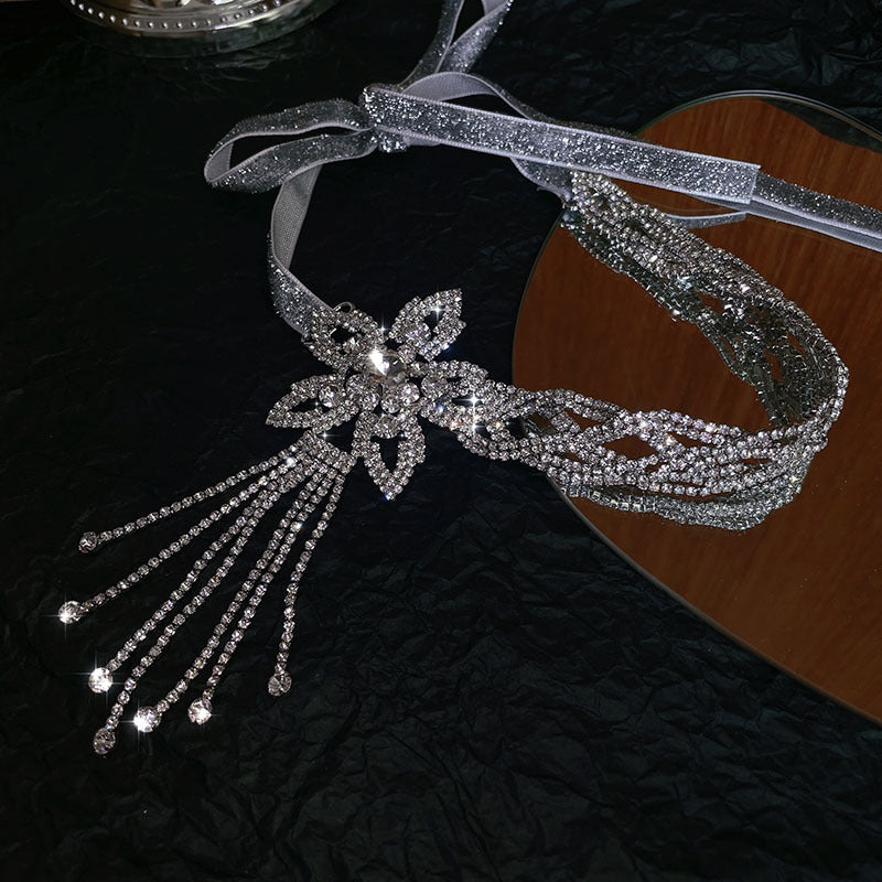 Women's Sparkling Full Rhinestone High-grade Fashionable Adjustable Flower Tassel Necklaces