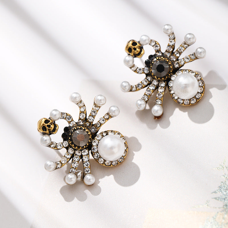 French Style Rhinestone Pearl Skull Spider Rings