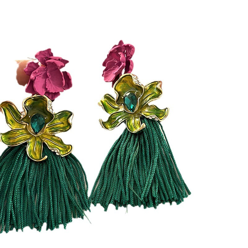 Übertriebene lange Quasten-Brautohrringe im chinesischen Stil mit Blumen-Retro-Motiv