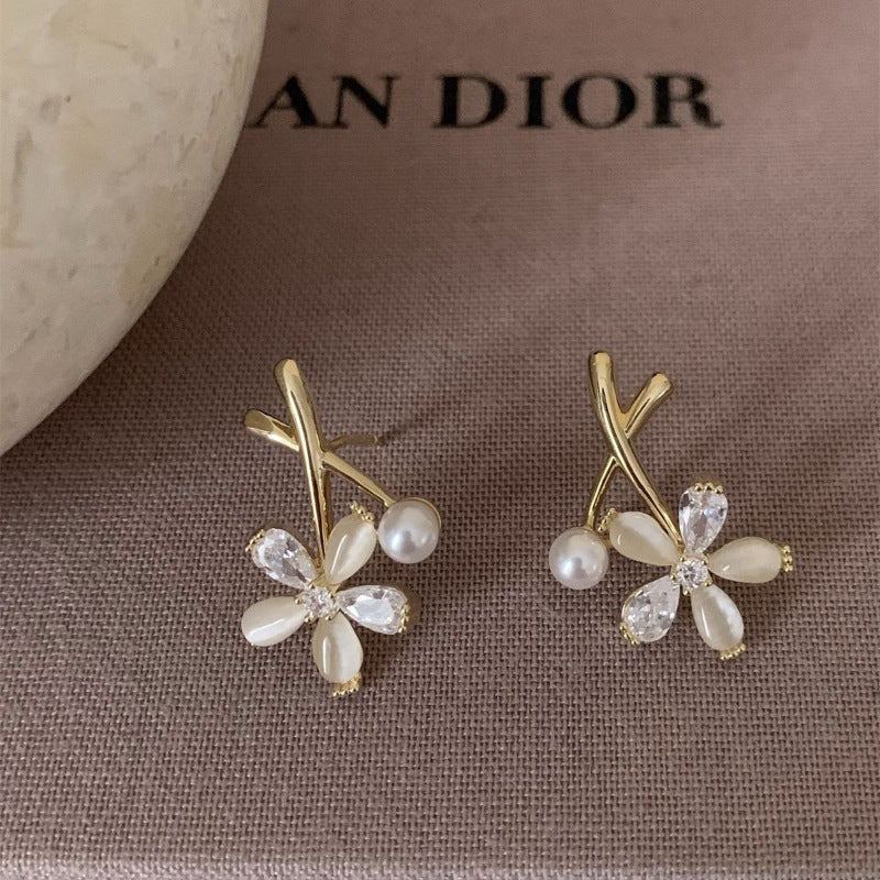 Women's Design Unique Cross Flower Pearl High-grade Earrings