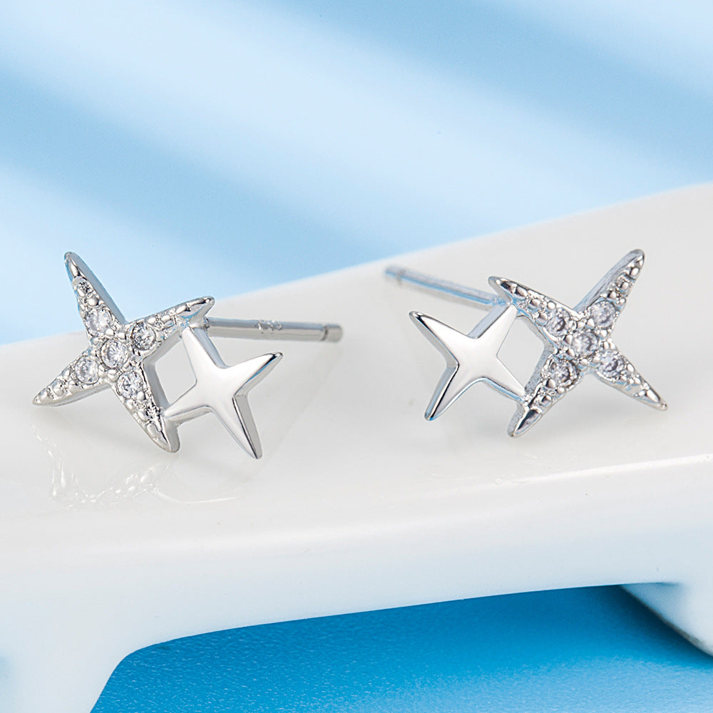 Einfache Sternohr-Ohrringe für Damen mit Zirkon und glänzendem Diamant