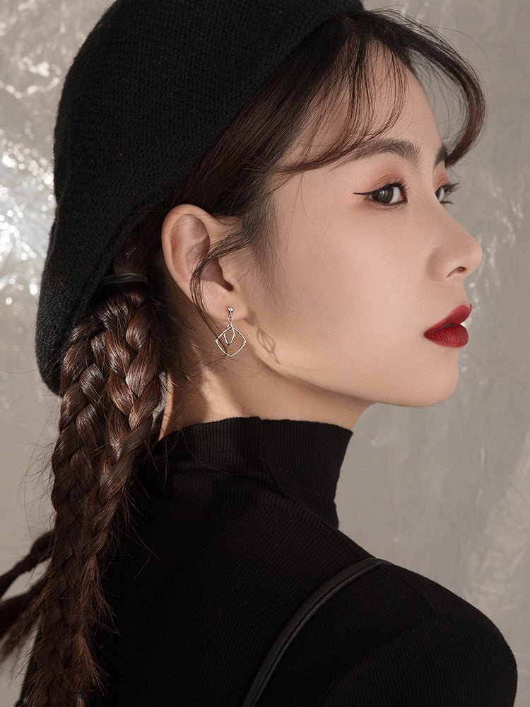 Women's Sterling Sier Needle Square Simple Eardrops Rings