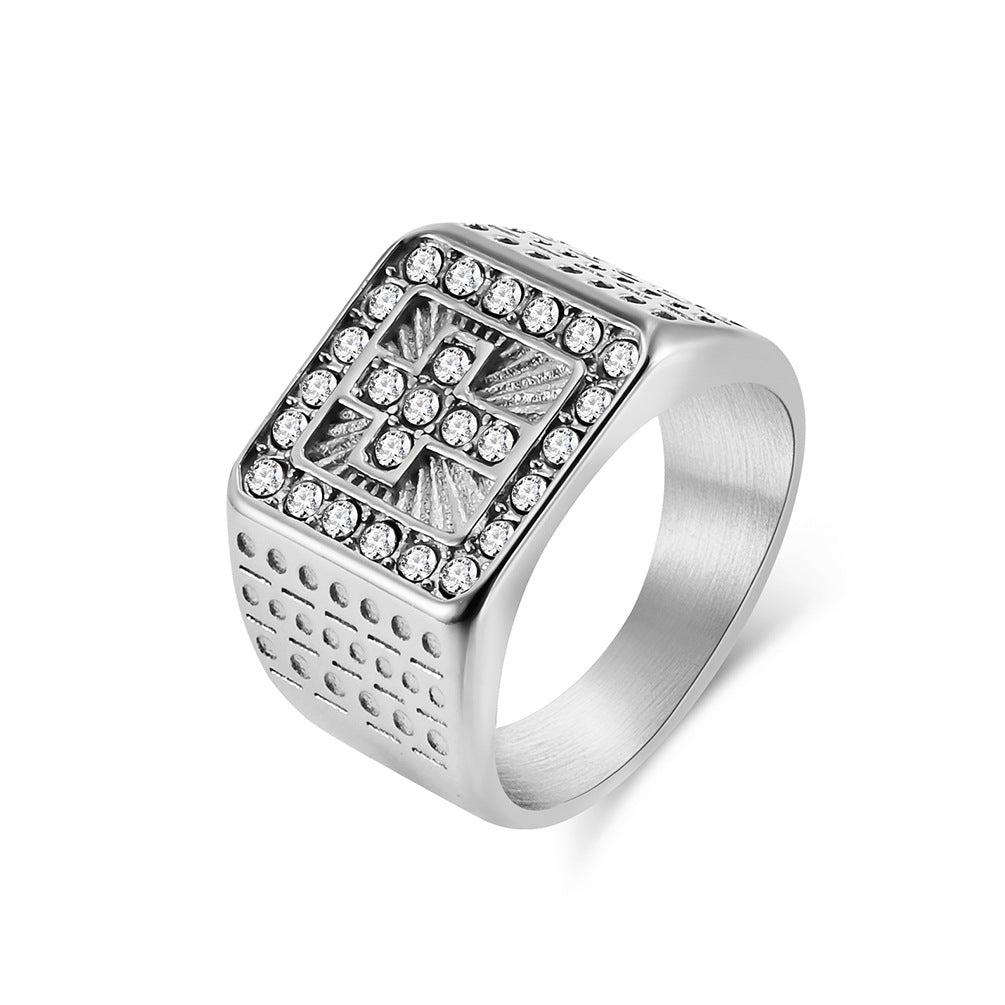 Titanium Steel Gold-plated Cross Full Diamond Rings