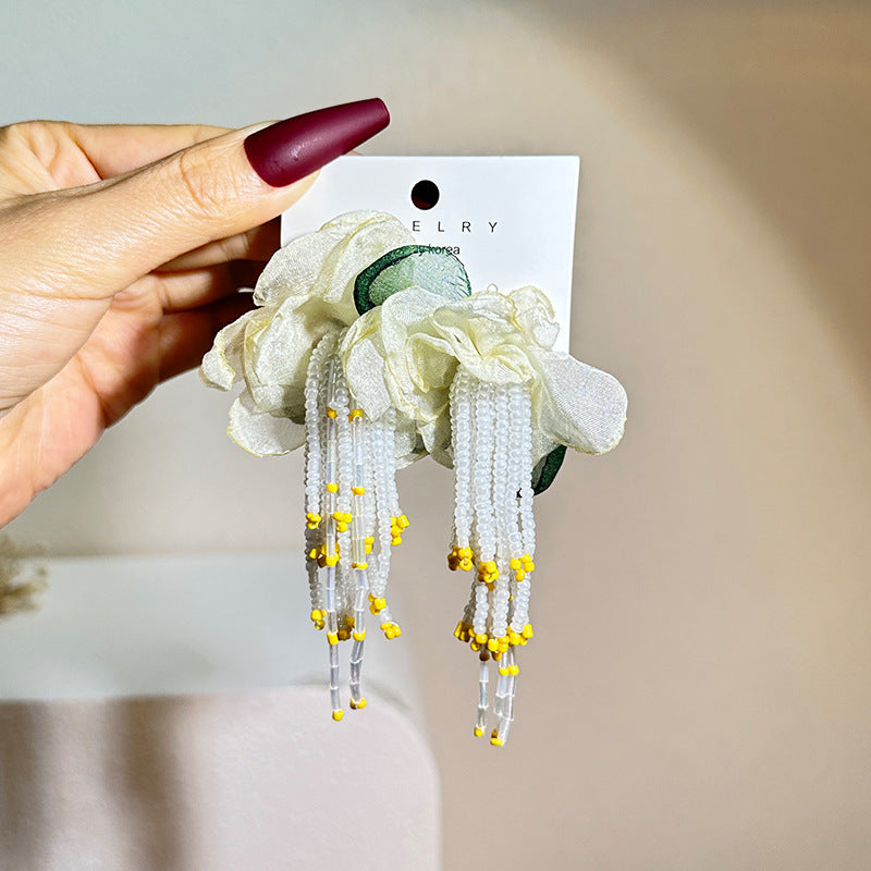 Bohemian Handmade Fabric Flower Long Fringe Earrings