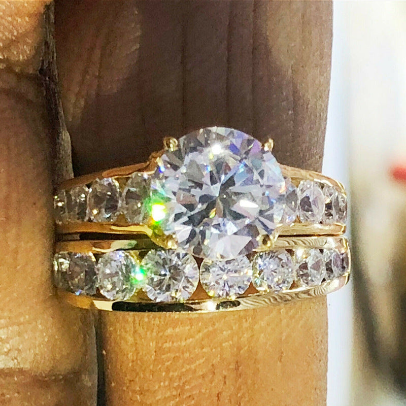 Wedding Gold Plated Full Rhinestone Zircon Couple Rings