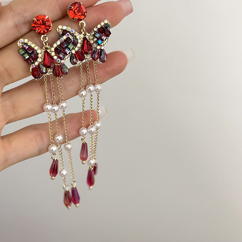 Women's Long Fringe Sier Needle French Butterfly Earrings