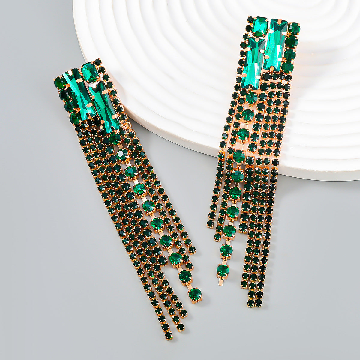 Women's Square Alloy Diamond Rhinestone Long Fringe Earrings
