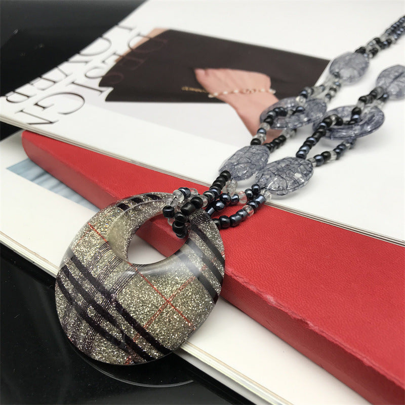 Striped Plaid Pullover Resin Trapezoidal Round Necklaces