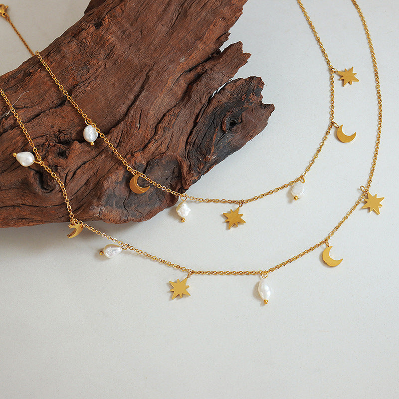 Women's Star Moon Natural Freshwater Pearl Tassel Necklaces