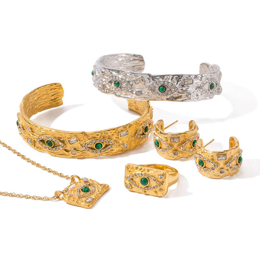 Women's Style Gold Inlaid Zircon Green Malachite Lava Rings