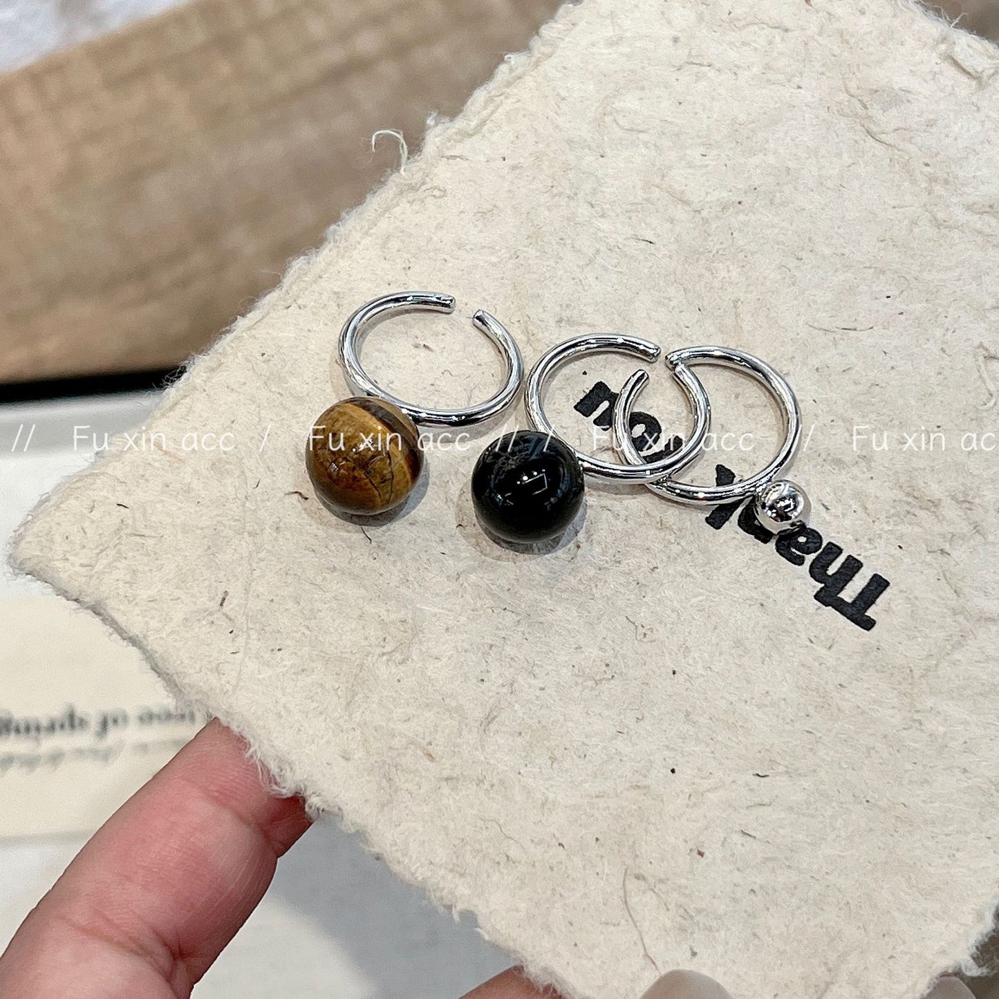 Fashion Black Natural Stone Ball Niche Rings