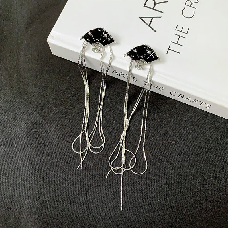 Design Enamel Fan Tassel Chinese Style Earrings
