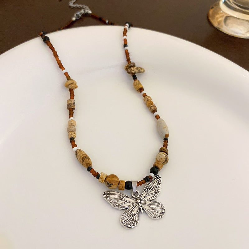 Colliers de pull en perles rétro chinois pour femmes, série Tigereye papillon