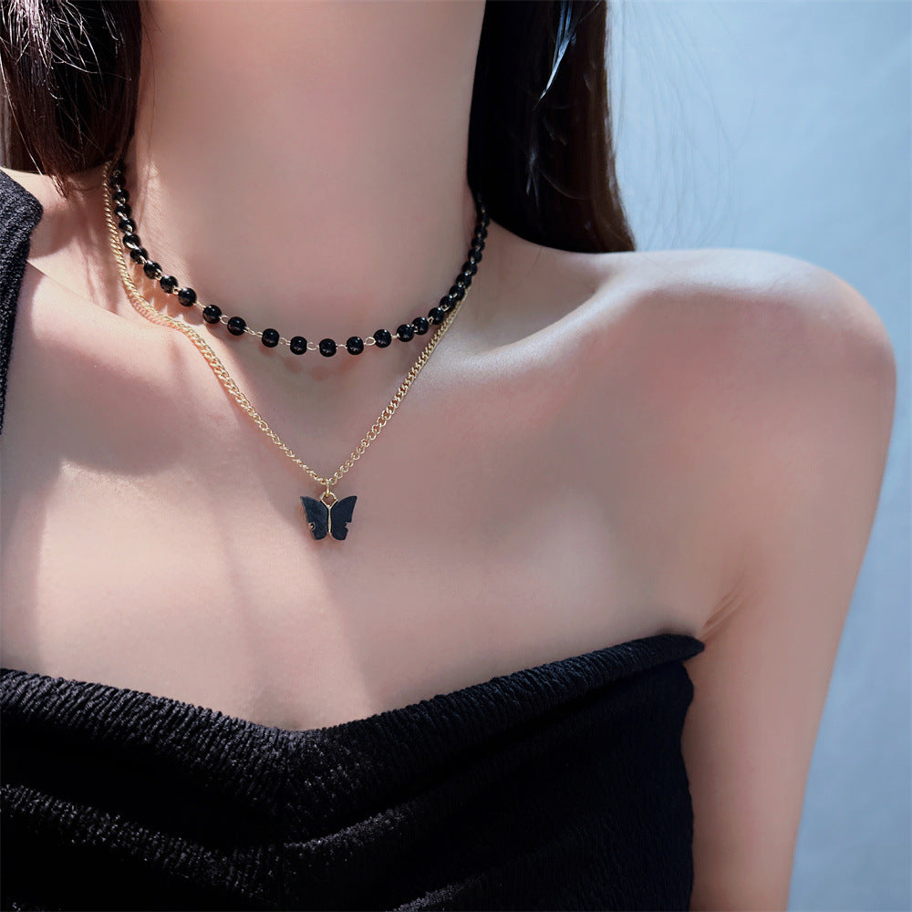 Colliers de papillons en perles noires pour femmes, ornement de Style français