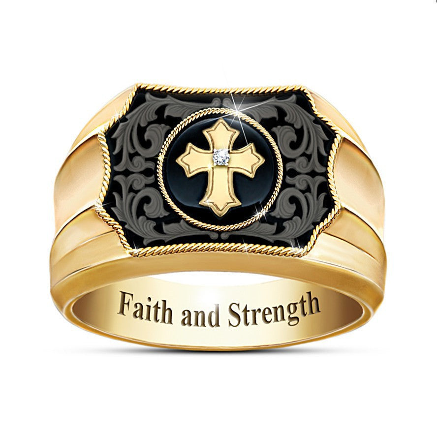 Men's Gold Simulation Black Agate Cross Faith Rings