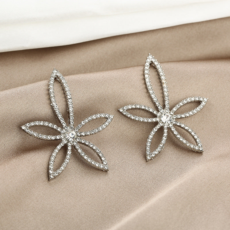 Metallic Fishbone Ear Sier Needle Star Flower Colorful Crystals Earrings