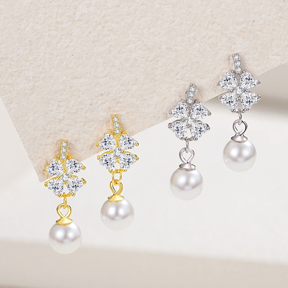 Women's Sier Full Diamond Four Leaf Clover Ear Fashion Earrings
