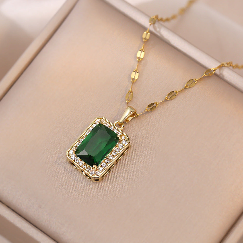 Women's Light Luxury Full Diamond Square Emerald Necklaces