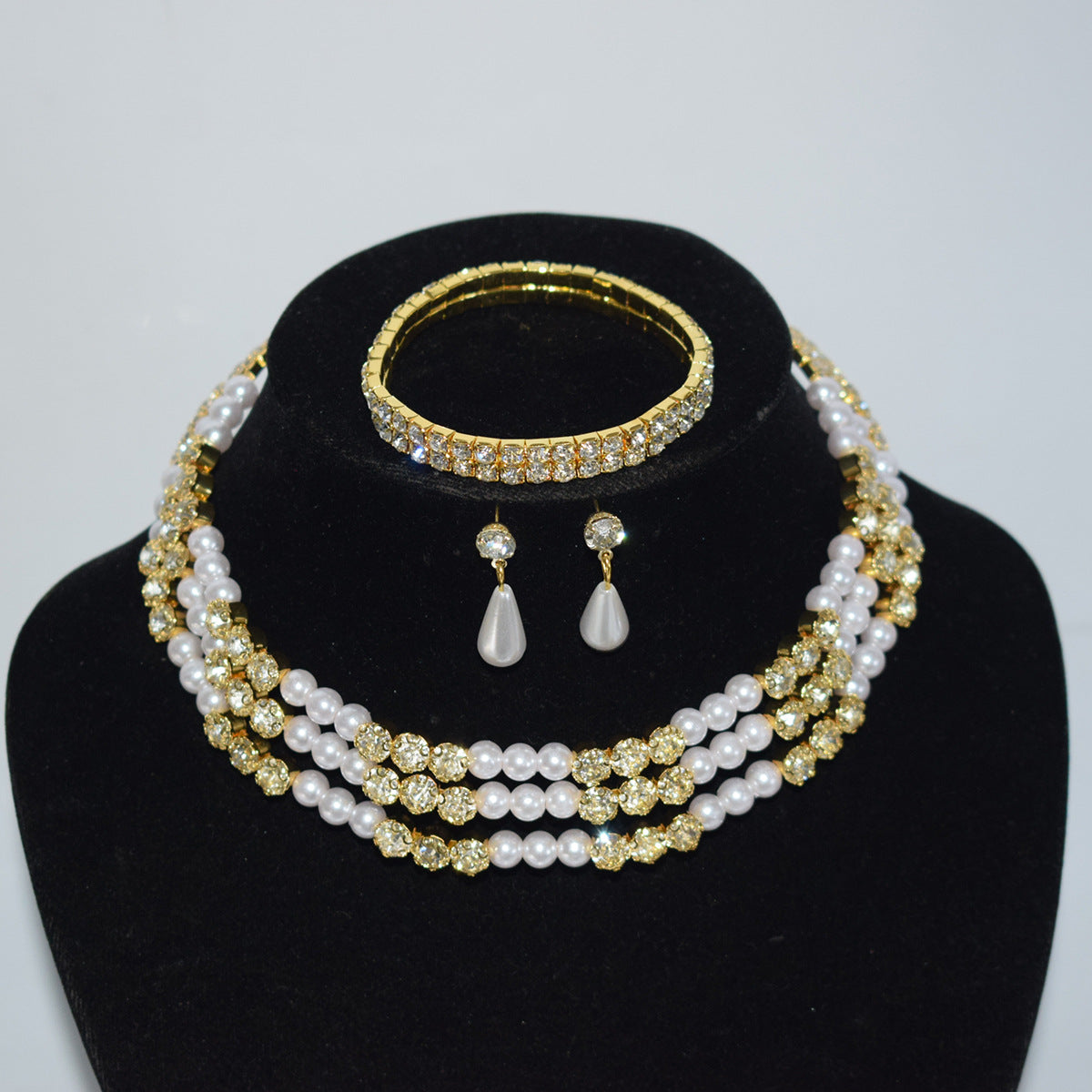 Pearl Diamond Collar Bridal Rhinestone Three-piece Jewelry Set