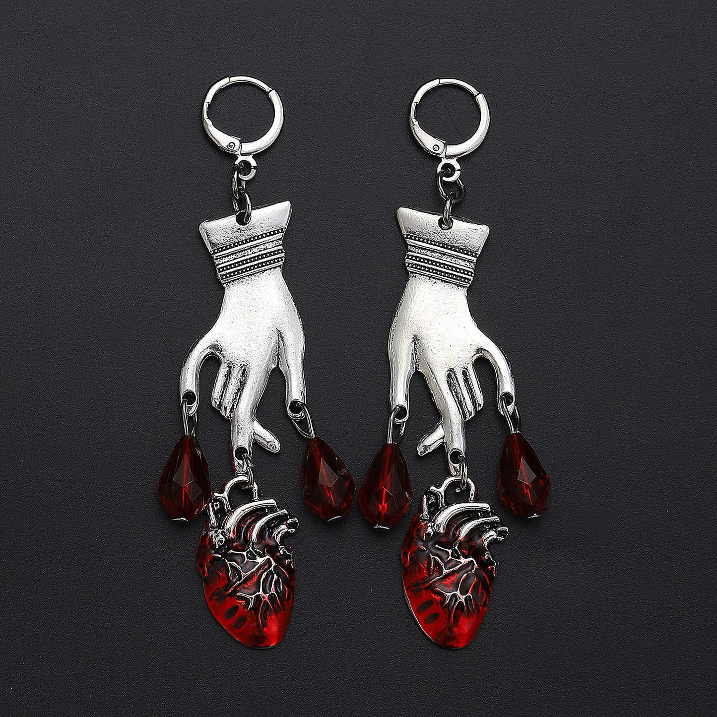 Gothic Dark Blood Drop Heart Palm Female Style Earrings