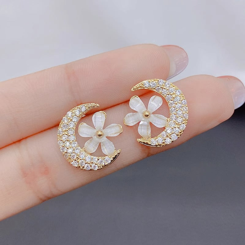 Boucles d'oreilles en diamant, fleur de lune, opale d'argent, douces