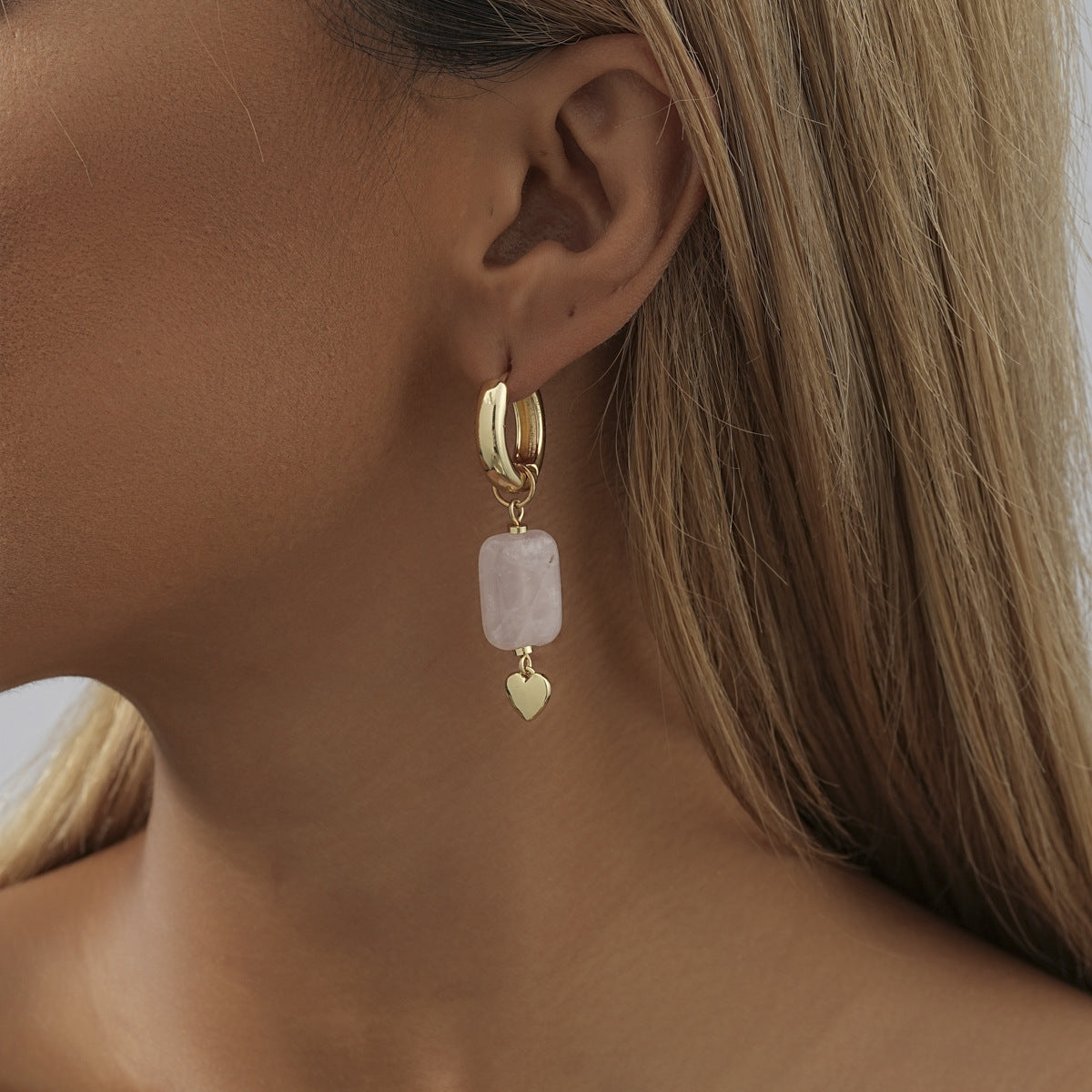 Natural Stone Stitching Peach Heart Eardrops Earrings
