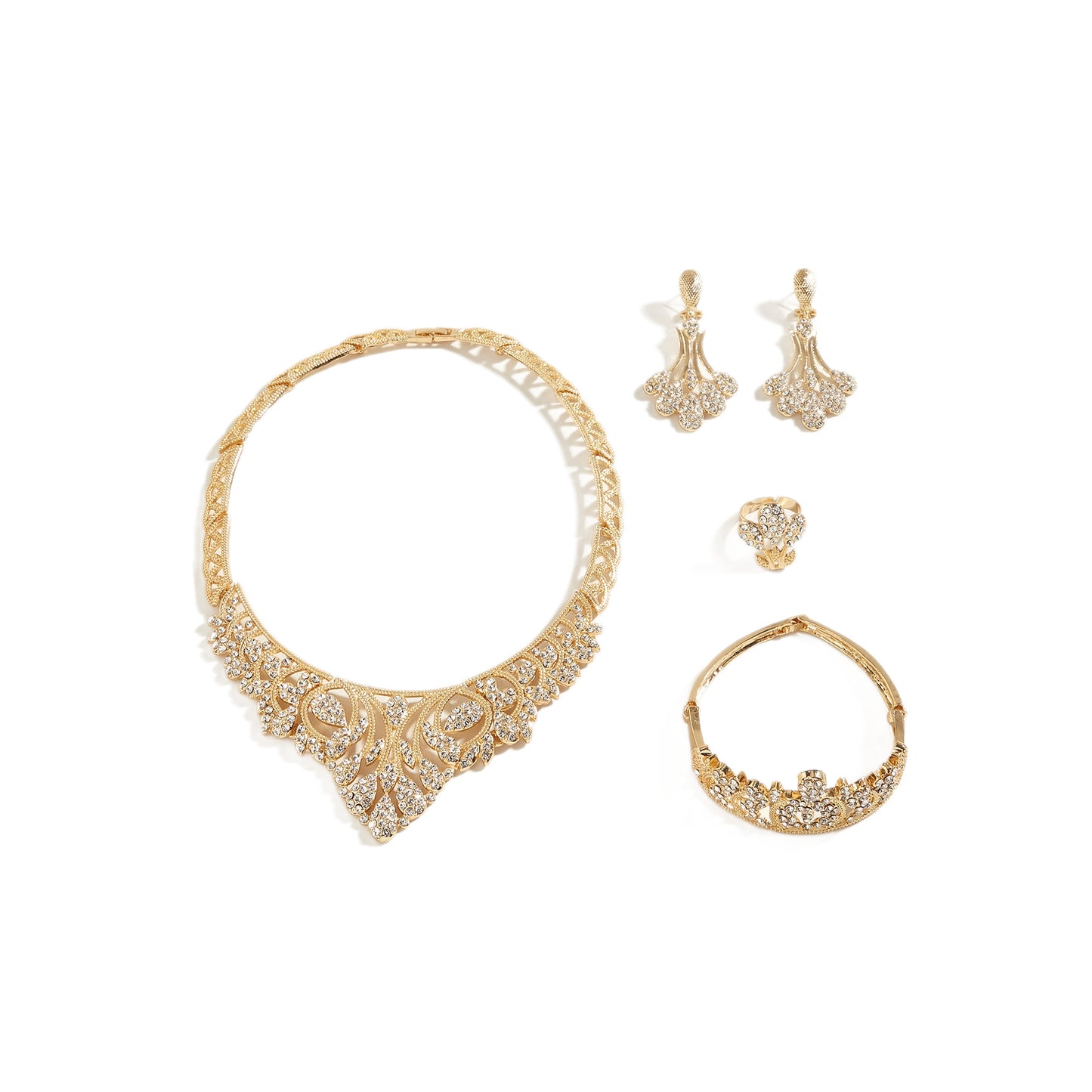 Women's Bridal Bachelor Party Gorgeous Elegant Collar Full Diamond Gold Jewelry Set