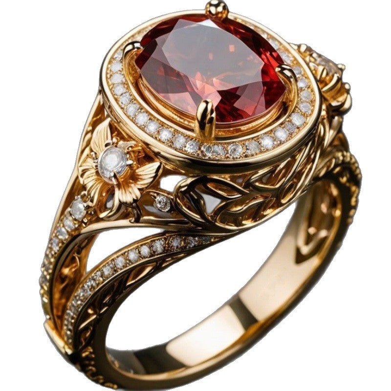 Women's Korean Style Fashionable Round Inlaid Red Rings