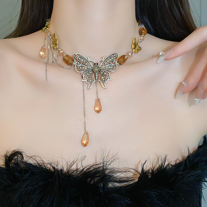 Colliers de pull en perles rétro chinois pour femmes, série Tigereye papillon