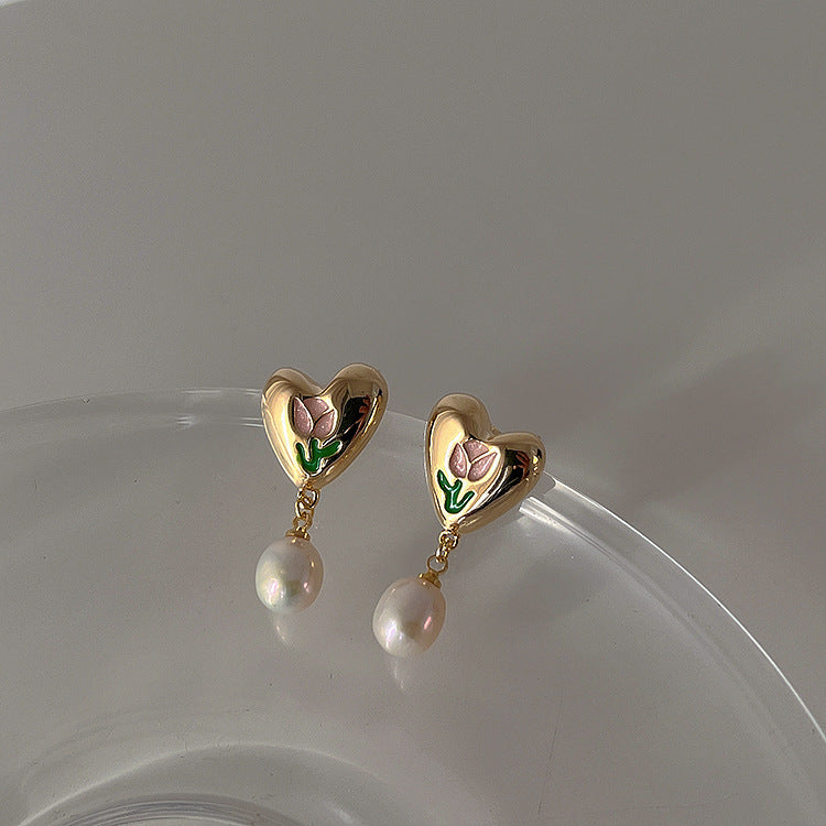 Oil Dripping Tulip Metal Heart Pearl Rings