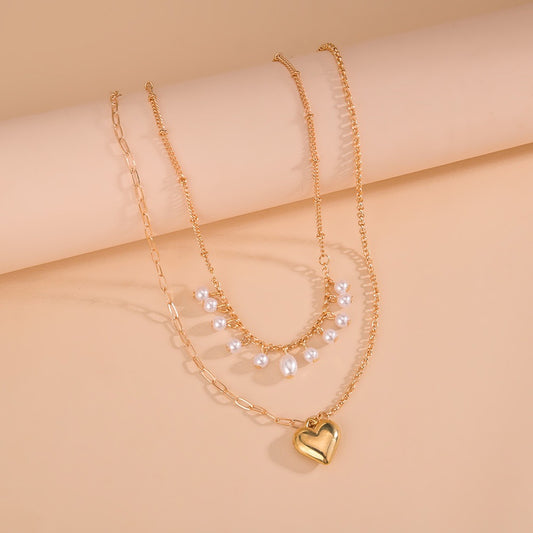 Women's Tassel Pearl Love Pendant Double Layer Necklaces