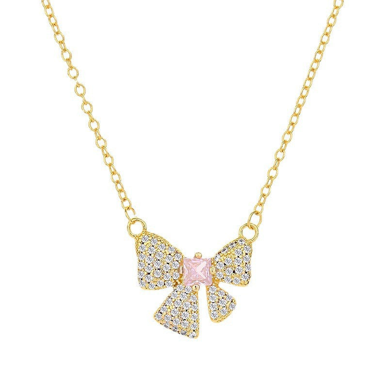 Pink Zircon Pendant Full Diamond Bow Fashion Necklaces