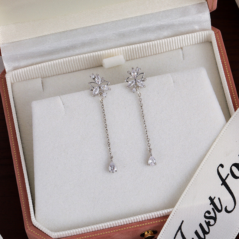 Women's Flower Sier Pin Elegant Long Fringed Earrings