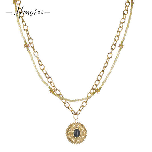 Round Inlaid Jewel Pendant Vintage Double Layer Twin Necklaces