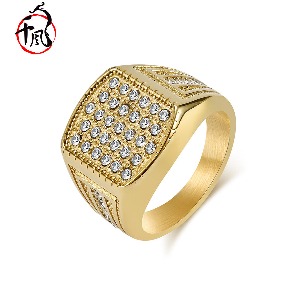 Men's Hip Hop Gold Diamond Titanium Steel Personality Rings