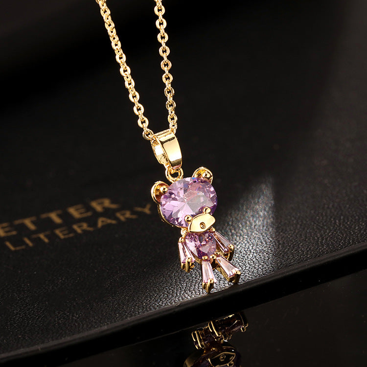 Cute Bear Design Color Zircon Fun Cartoon Female Necklaces