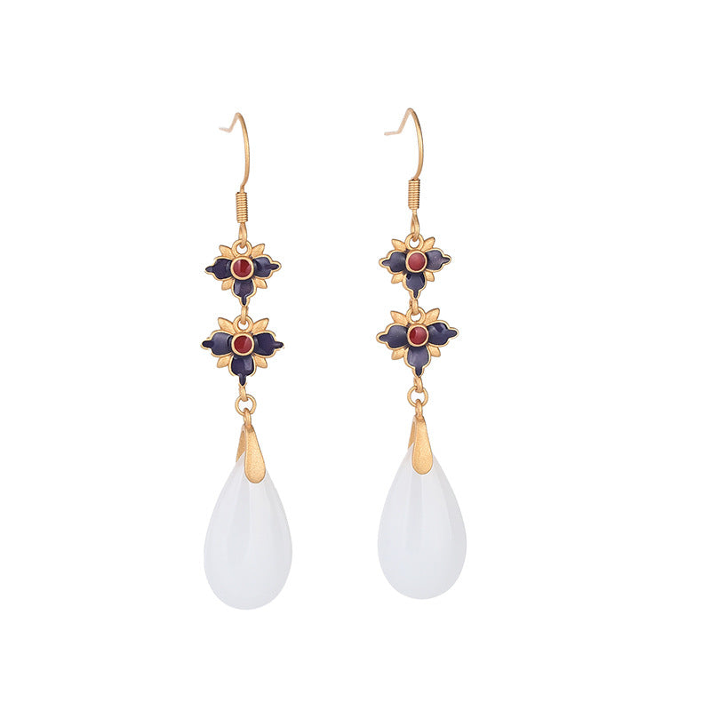 Ancient Gold-plated Cold Enamel Craft Imitation Jade Earrings