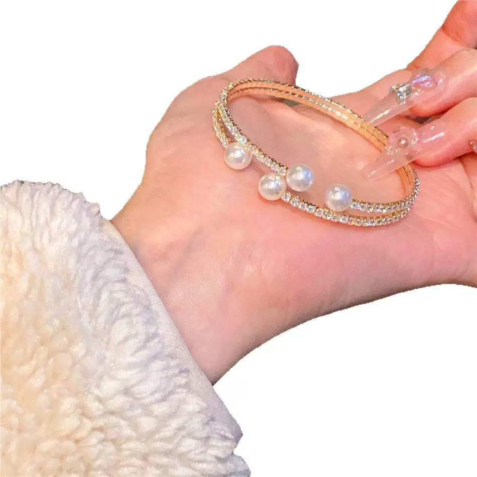 Women's Fashion Two-row Pearl Open Rhinestone Can Replace Stick Mark Bracelets