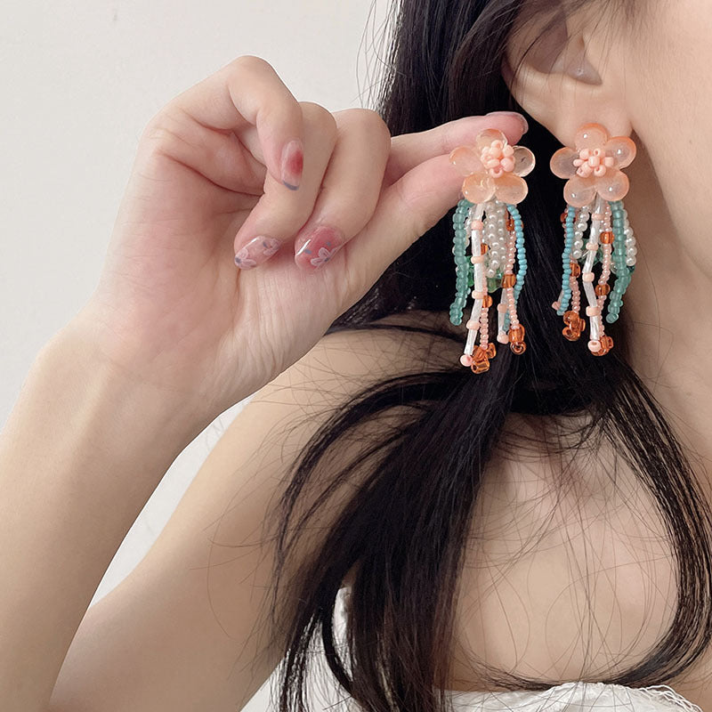 Women's Summer Contrast Color Flower Tassel Beaded Niche Earrings