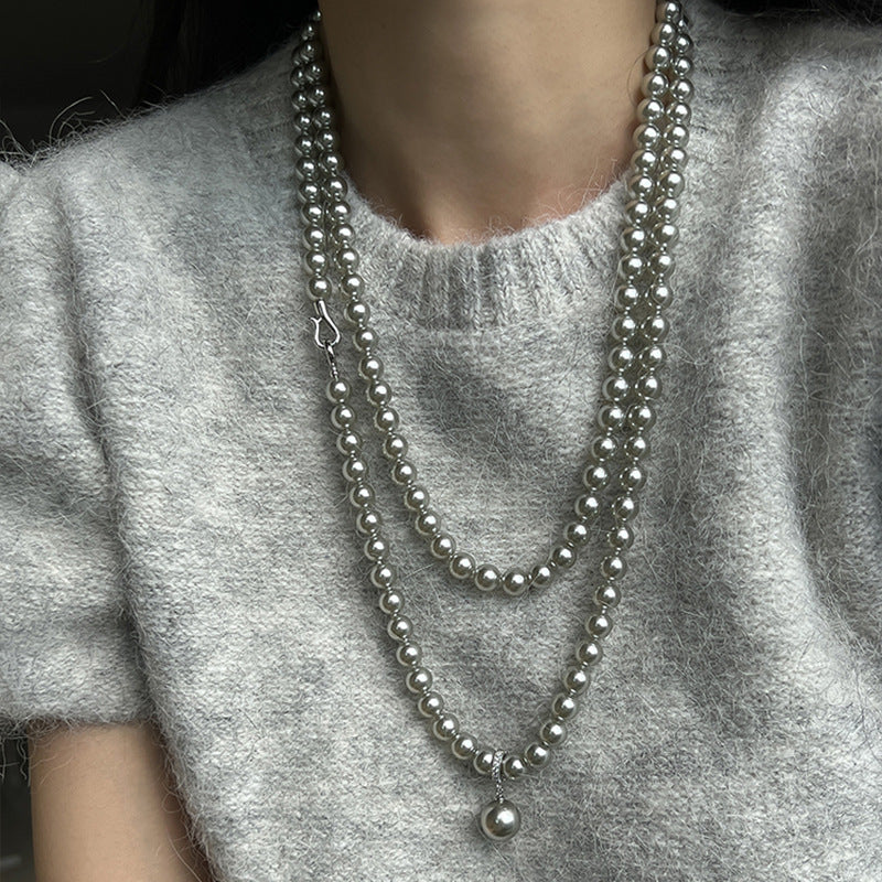 Chaîne de pull longue en perles grises pour femmes, colliers polyvalents de haute qualité