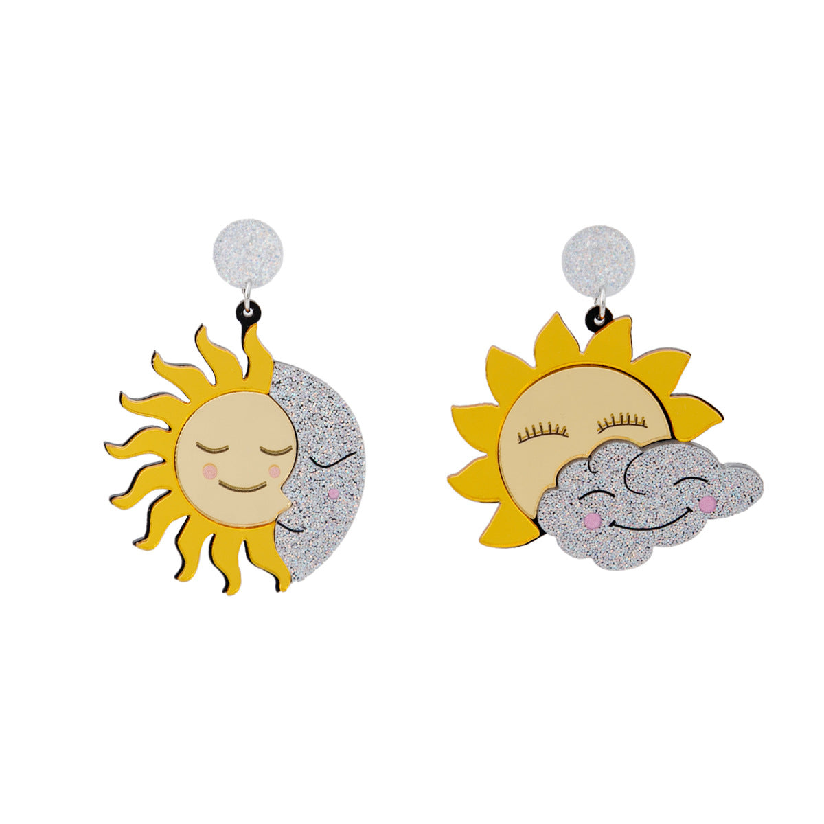 Women's Smiley Face Sunflower Acrylic Design Asymmetric Moon Earrings