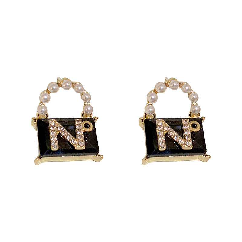 Damen Sier Needle Pearl Diamond Letters Handtasche Mode Ohrringe